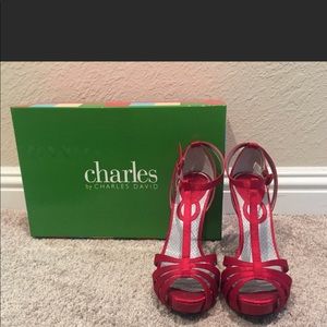 Charles by Charles David Red Satin T-Strap Heels